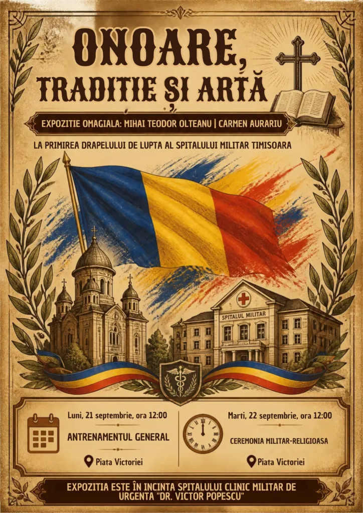 Onoare, Tradiție și Artă: Expoziție Omagială Mihai Teodor Olteanu și Carmen Aurariu la primirea Drapelului de Luptă