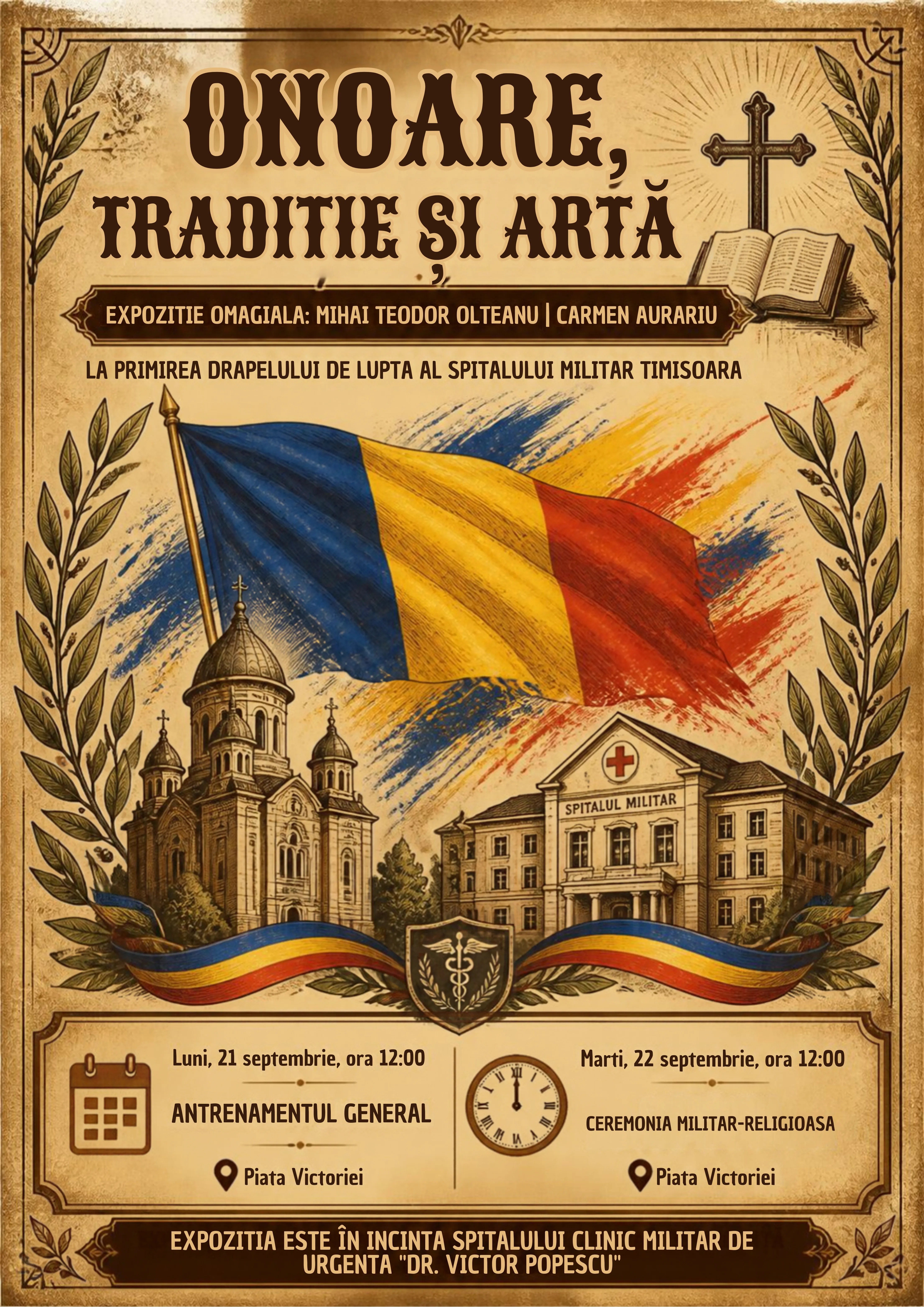 Onoare, Tradiție și Artă: Expoziție Omagială Mihai Teodor Olteanu și Carmen Aurariu la primirea Drapelului de Luptă